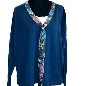 J.Crew x Abigail Borg Floral Silk Trim Merino Wool VNeck Sweater Navy Blue Small